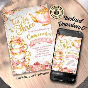 EDITABLE Tea For Three Victorian Tea Time Rose Gold Pink Teacups 3rd Birthday Brew Party Invitation Custom Digital Printable Template 5x7 image 1