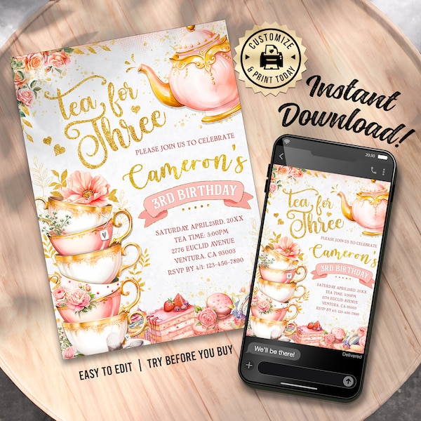 EDITABLE Tea For Three Victorian Tea Time Rose Gold Pink Teacups 3rd Birthday Brew Party Invitation Custom Digital Printable Template- 5x7