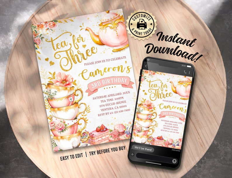 EDITABLE Tea For Three Victorian Tea Time Rose Gold Pink Teacups 3rd Birthday Brew Party Invitation Custom Digital Printable Template 5x7 image 1