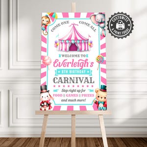 Birthday Carnival Welcome Sign | Editable Circus Animal Girls Party Wall Decoration Greeting Board | Custom Digital Printable Template 24x36
