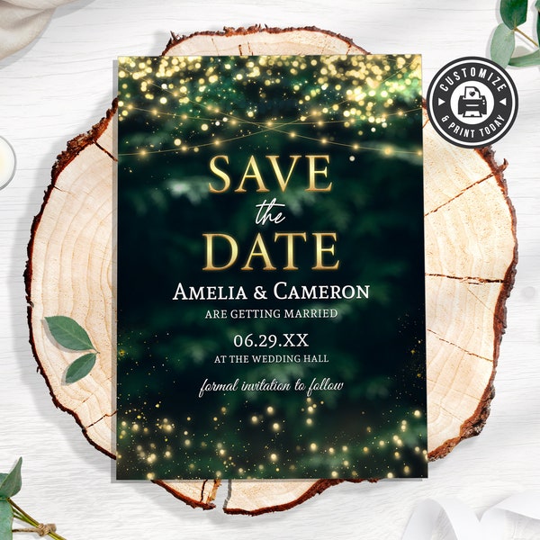 EDITABLE Forest Foliage Bokeh String Fairy Lights Enchanted Nature Wedding Save The Date Announcement Digital Printable Custom Template- 5x7