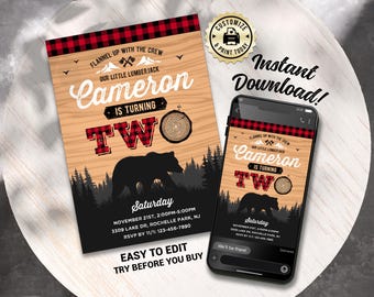 Lumberjack 2nd Birthday Invitation | Editable Flannel Up Boy Turning Two Party Invite | Custom Digital Printable Template 5x7