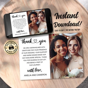 de remerciement pour photo de mariage | Carte souvenir modifiable simple coeur minimal | Modèle imprimable numérique personnalisé 7 x 5