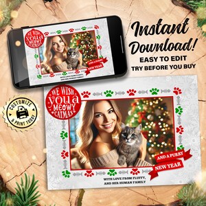 Kerstkaart met foto van Meowy Catmas | Bewerkbare grappige kattenthema aangepaste vakantie gunstkaart | Aangepaste digitale afdrukbare sjabloon 7 x 5