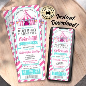 Geburtstag Karneval Ticket Einladung |  Bearbeitbar Big Top Zirkus Kinder Party einladen | Benutzerdefinierte digitale druckbare Vorlage 6,5 x 18,5 cm