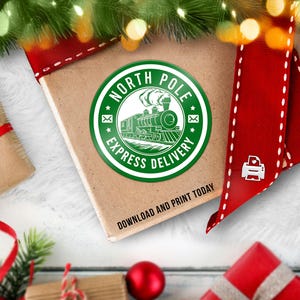 Sticker livraison express Pôle Nord | Etiquette décorative pour cadeau des Fêtes avec sceau postal de Noël | Téléchargement instantané numérique imprimable