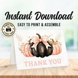 Tarjeta de agradecimiento de calabaza / Tarjeta de recuerdo en blanco plegada para baby shower o fiesta de cumpleaños de niña de otoño / Descarga instantánea, imprimible digital personalizada de 5 x 3.5