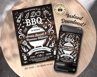 May include: A digital printable invitation for a wedding barbecue. The invitation features a white grill, a white bottle of barbecue sauce, and the text "I Do BBQ" in a white, handwritten font. The invitation is set against a brown wood background.