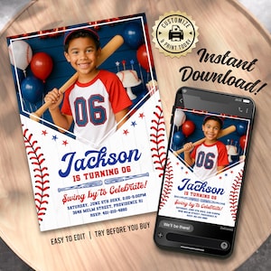 May include: Baseball-themed birthday invitation featuring a young boy holding a bat, wearing a red and white jersey with the number 06. The invitation includes text that reads "Jackson is turning 06" and "Swing by to Celebrate!"