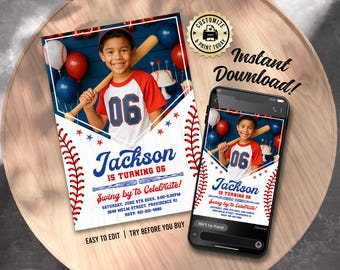 Convite de aniversário com foto para festa de beisebol | Convite editável para festa infantil com tema de beisebol | Modelo digital personalizado para impressão 5x7