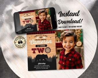 Lumberjack 2nd Birthday Photo Invitation | Editable Flannel Up Boy Turning Two Birthday Party Invite | Custom Digital Printable Template 7x5