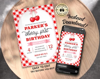 Cherry First Birthday Invitation | Editable Sweet Baby Girl 1st Birthday Party Invite | Custom Digital Printable Template 5x7