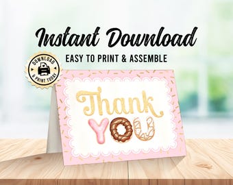 Donut Thank You Card | Dessert Theme Birthday Party or Baby Shower Folded Blank Favor Card | Instant Download Custom Digital Printable 3.5x5