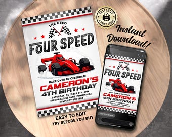 Race Car 4th Birthday Invitation | Editable Need Four Speed Go Kart Kids Party Invite | Custom Digital Printable Template 5x7