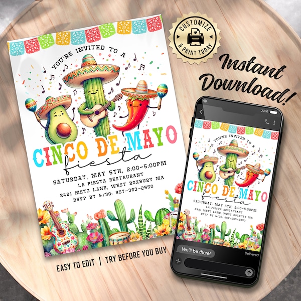 EDITABLE Cinco De Mayo Fiesta Papel Picado Mexican Heritage Cultural Celebration Party Invitation Custom Digital Printable Template - 5x7