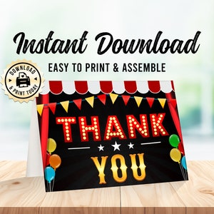 Bedankkaart voor carnaval | Circus kinderen verjaardag gevouwen blanco bedankkaart | Directe download aangepaste digitale afdrukbare 3,5 x 5 inch