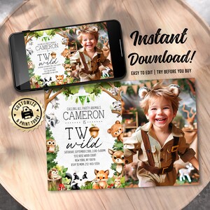 Woodland 2nd Birthday Photo Invitation | Editable Two Wild Forest Animals Toddler Kids Party Invite | Custom Digital Printable Template 7x5