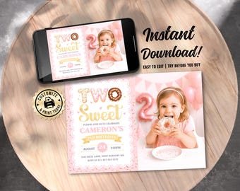 Donut 2nd Birthday Photo Invitation | Editable Two Sweet Girl's 2nd Birthday Party Picture Invite | Custom Digital Printable Template 7x5