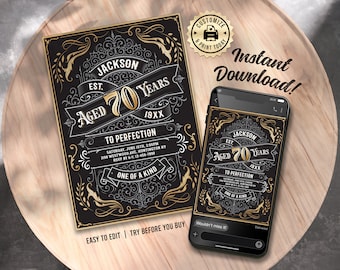 Aged to Perfection 70th Birthday Invitation | Vintage Whiskey Label Style Editable Party Invite | Custom Digital Printable Template 5x7