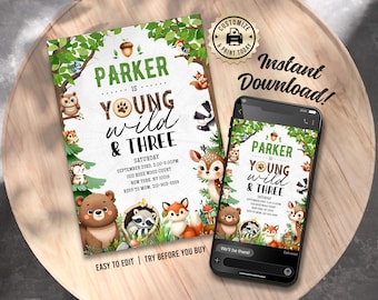 Woodland 3rd Birthday Invitation | Editable Young Wild And Three Forest Animals Kids Party Invite | Custom Digital Printable Template 5x7