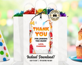 Editable Firefighter Fireman Rescue Little Hero Theme Birthday Party Celebration Custom Thank You Tag Digital Printable Template - 2x3.5"