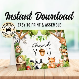 Téléchargement immédiat Woodland Forest Friends BabyAnimaux Cartoon thème fête d'anniversaire carte de remerciement numérique personnalisée imprimable - 3,5 x 5 po