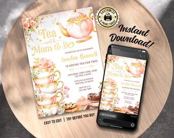 May include: A printable tea party invitation featuring a pink and gold teapot, teacups, and floral decorations. The text reads "Tea with Mom-to-Be Amelia Bennett is having tea for two!"