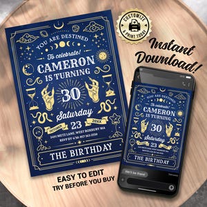 May include: A navy blue birthday invitation with gold detailing, featuring the text "You are Destined" and "Cameron is Turning 30". The invitation is displayed on a wooden tray, with a smartphone showing the same design.