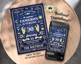 Tarot Card Birthday Invitation | Editable Witchy Fortune Telling Party Psychic Reading Invite | Custom Digital Printable Template 5x7