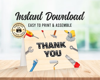Builder Construction Tools Thank You Card | Engineer Carpentry Theme Folded Blank Template | Custom Digital Printable - 3.5x5"