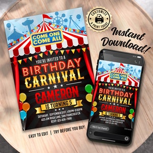 EDITABLE Carnival Circus Fun Fair Theme Birthday Party Custom Invitation Digital Printable Template - 5x7