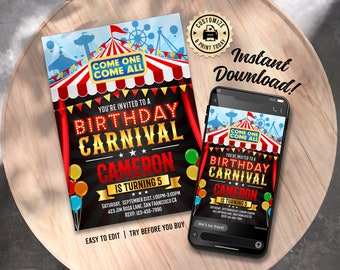 Carnival Birthday Invitation | Editable Big Top Circus Theme Kids Party Invite | Custom Digital Printable Template 5x7