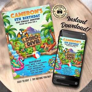 Peut inclure: Une invitation imprimable pour une fête d'anniversaire sur le thème des dinosaures. L'invitation représente un dinosaure de dessin animé, une cascade et une pancarte qui dit "Dino Dive!" Le texte sur l'invitation est le suivant : "Cameron's 5th Birthday Has Finally Arrived! Stomp on Over for a Saturday, June 30th, 2:00-5:00pm, 2491 Metz Lane, West Roxbury MA, RSVP to Mom, 857-363-2550".