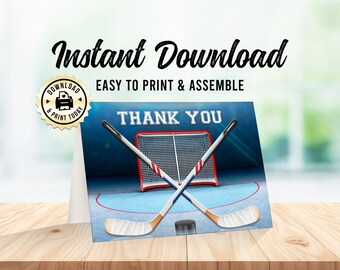 Ice Hockey Thank You Card | Instant Download Sports Game Kids Birthday Favor Card Folded Blank | Custom Digital Printable 3.5x5"