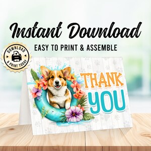 Corgis Dankeskarte | Sofortiger Download Hündchen Kinder Adoption Party Favor Card | Digital Printable 9 x 12 cm, gefaltet