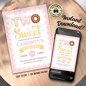 Donut 2nd Birthday Invitation | Editable Two Sweet Girl&#39;s 2nd Birthday Party Invite | Custom Digital Printable Template 5x7