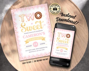 Donut 2nd Birthday Invitation | Editable Two Sweet Girl's 2nd Birthday Party Invite | Custom Digital Printable Template 5x7