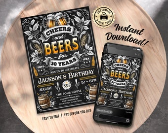 Cheers and Beers 30th Birthday Invitation | Vintage Brewery Editable Milestone Party Invite | Custom Digital Printable Template 5x7