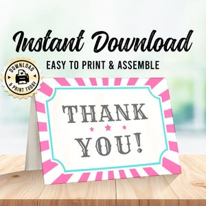 Tarjeta de agradecimiento de carnaval / Tarjeta de recuerdo de fiesta en blanco plegada para baby shower de cumpleaños de circo rosa / Descarga instantánea personalizada e imprimible digitalmente de 3,5 x 5