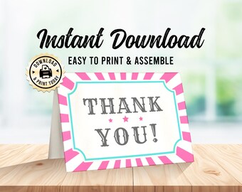 May include: Pink and white striped thank you card with a teal border and the text "THANK YOU!" in a vintage font.