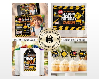 Construction Birthday Party Bundle | Editable Photo Invitation, Favor Tag And Banner | Custom Digital Templates | Printable Cupcake Toppers