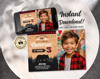 Lumberjack Birthday Photo Invitation | Editable Flannel Up Kids Boys Plaid Party Invite | Custom Digital Printable Template 7x5