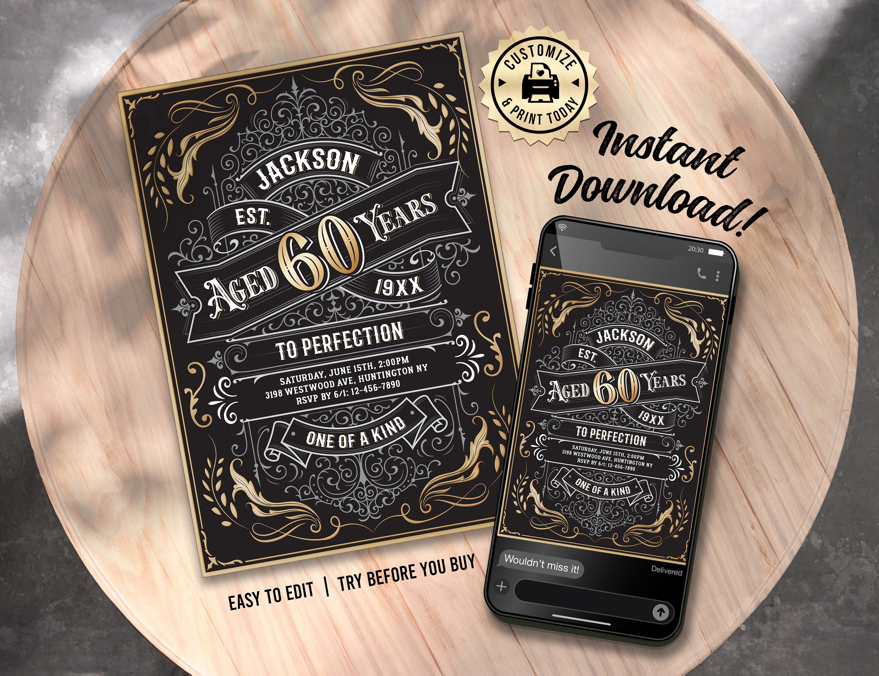 Aged to Perfection 60th Birthday Invitation | Vintage Whiskey Label Editable Milestone Party Invite | Custom Digital Printable Template 5x7