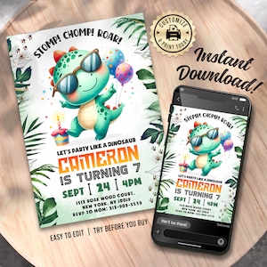 Dinosaurier-Geburtstagseinladung | Bearbeitbar Jurassic Theme Kids Party Einladen | Benutzerdefinierte digitale druckbare Vorlage 13x18