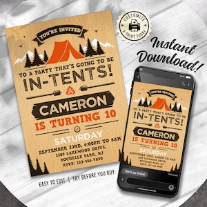Invitation d'anniversaire de camping dans des tentes | Invitation à une fête modifiable dans l'arrière-cour | Modèle imprimable numérique personnalisé 5 x 7