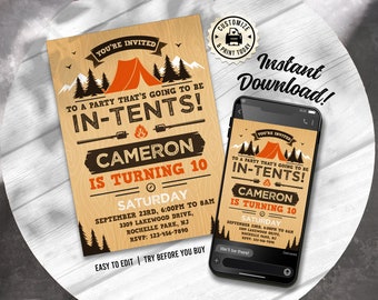 Camping In-Tents Birthday Invitation | Backyard Campout Editable Party Invite | Custom Digital Printable Template 5x7