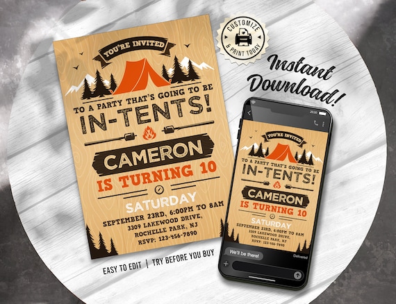 Camping In-Tents Birthday Invitation | Backyard Campout Editable Party Invite | Custom Digital Printable Template 5x7