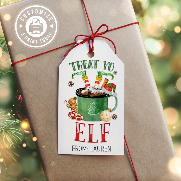 EDITABLE Treat Yo Elf Christmas Holiday Present Gift Tag Luggage or Rectangular Custom Digital Printable Template - 2x3.5"