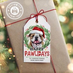 Bulldogge Geschenkanhänger | Glücklicher Pawlidays Hündchen Urlaub Party Bearbeitbarer Favor Tag | Benutzerdefinierte digitale druckbare Vorlage 2x3.5