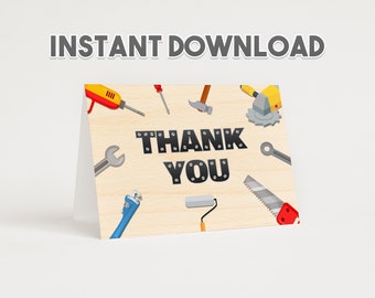 Instant Download Builder Carpentry Tools Engineer Theme Construction Folded Blank Thank You Card Digital Printable - 3.5x5"